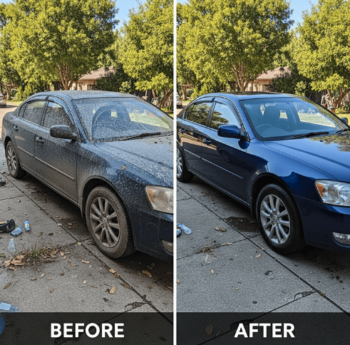Before and after of a blue sedan, from mud-spattered to clean and glossy